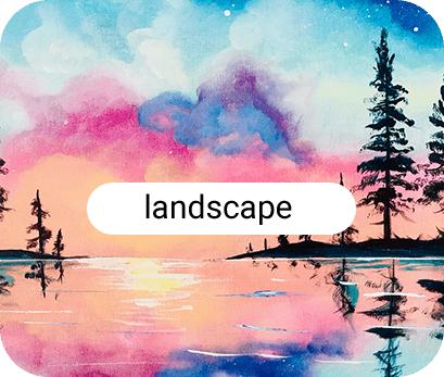 Painting of sunset and trees reflecting on water.