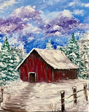 Peaceful Winter Barn - Paint and sip event at Belles Sports Bar & Grill in Frederick, MD - PaintNite.com