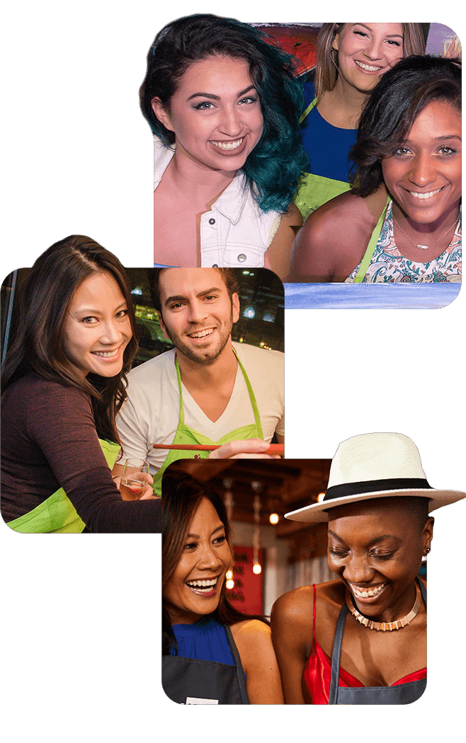 Paint Nite community - group of female friends smiling together, couples in Paint Nite aprons at painting class