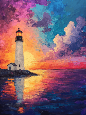 Rainbow Lighthouse Sunset by the Sea - Paint and sip event at Levittown Lanes Bar & Grill in Levittown, NY - PaintNite.com