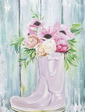 Rain Boot Flowers By Barn Wood - Paint Nite event in Costa Mesa, CA