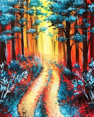 Fall forest in red and teal at Fox and Fiddle - Danforth — Painting