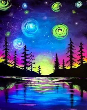 Starry Lake Sunset Black Light at Amsterdam Lounge — Painting