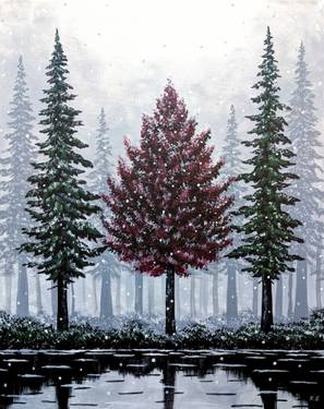 Ever Red Tree among the Snowy Evergreens — Painting