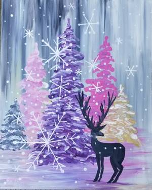 Snowy Pastel Pines with Deer — Painting