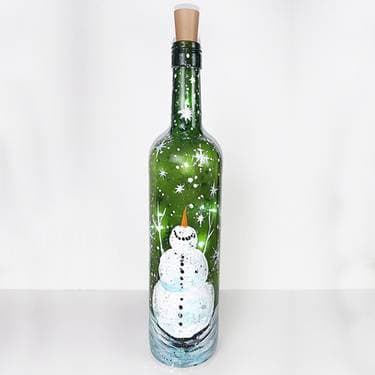 Snowman in Snowstorm Wine Bottle with Fairy Lights - Paint Nite event in Davenport, IA