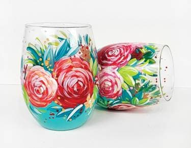 Teal Stemless Wine Glasses with Roses - Paint Nite event in SURPRISE, AZ