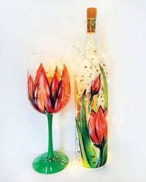 Spring Tulip Wine Bottle with Fairy Lights and Wine Glass - Paint Nite event in North Liberty, IA