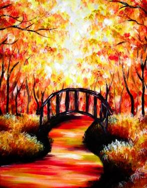Bridge under autumn Forest — Painting