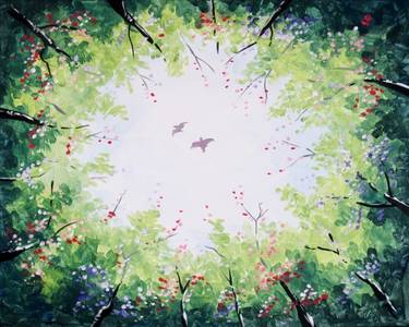 Paint Nite: Love Birds Playing Over The Forest — Painting