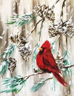 Red Cardinal in a Winter Pine at Ye Olde Sonoma Public House — Painting