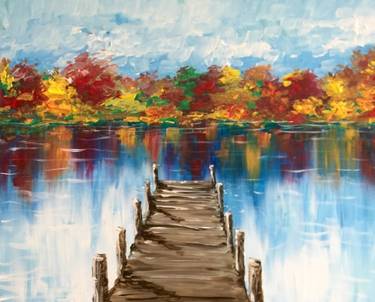 "Autumn at the Dock" canvas painting at Wooden Walls Distilling — Painting
