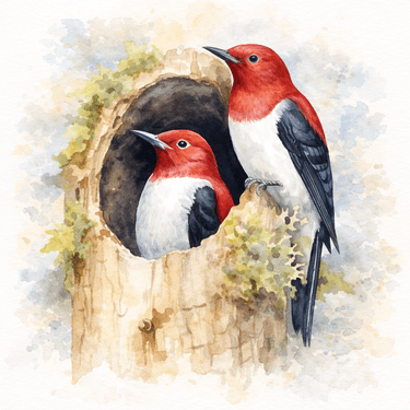 WATERCOLOR Red Headed Woodpeckers with Jade Scarlett