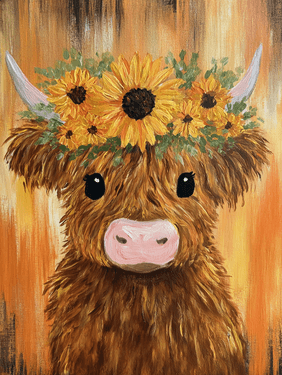 Fluffy Highland Cow with Flower Crown - Paint Nite event in Richmond Hill, ON