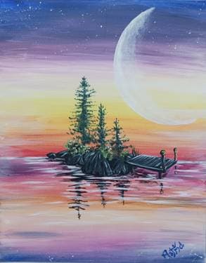Crescent Moon rising over Stoney Island Dock - Paint Nite event in Lindsay, ON