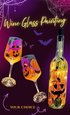 "Halloween OH-MY" Glass Painting CHOOSE: 2 Wine Glasses or 1 Wine Bottle with Fairy Lights - Paint Nite event in Claremont, CA
