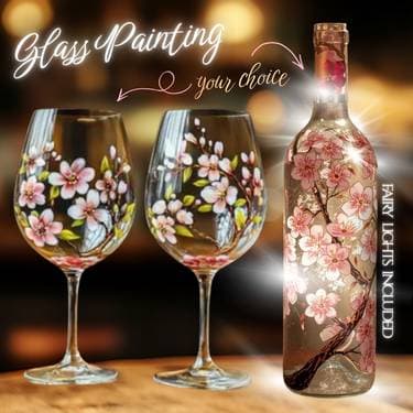 Glass Painting, You CHOOSE: Wine Glasses or Wine Bottle with lights - Paint Nite event in Claremont, CA
