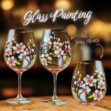 Glass Painting, "Cherry Blossoms:" CHOOSE: Stemless or regular Wine Glasses - Paint Nite event in Claremont, CA