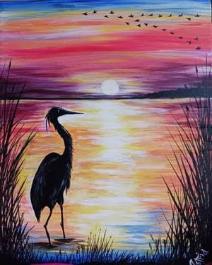 Wading Heron, Waning Summer - Paint Nite event in Port Perry, Durham Region, ON