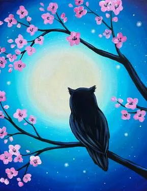11/3/26 - Pink Blossom Moonlit Owl — Painting