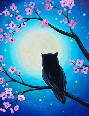 Pink Blossom Moonlight Owl - Paint Nite event in Richmond, BC