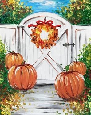 Fall Cottage Gate With Pumpkins - Paint Nite event in Janesville , WI