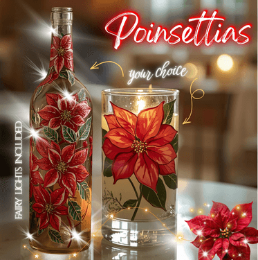 Poinsettias Glass Painting: CHOOSE Vase or Wine Bottle with Fairy Lights - Paint Nite event in Claremont, CA