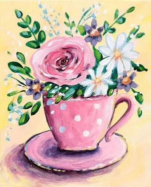 Pink Polka Dot Tea Cup Flower Pot — Painting
