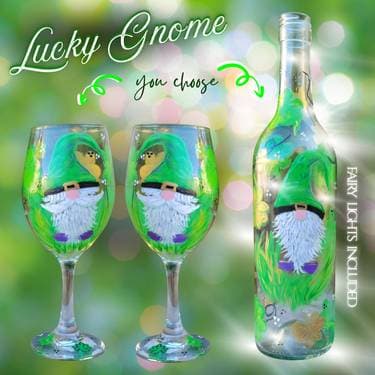 "Lucky Gnome," CHOOSE: Wine glasses or Bottle with lights - Paint Nite event in Claremont, CA