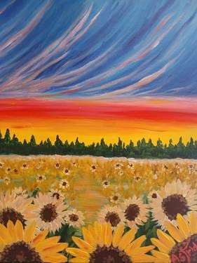 Sunflower Farm Sunset — Painting