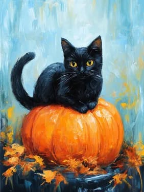 Black Little Kitty on a Fall Pumpkin — Painting