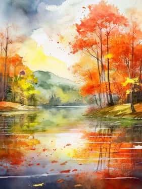 Watercolor Autumn Landscape by the Lake