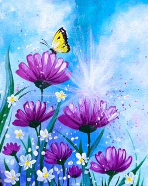 Butterfly in Purple Flowers - Paint and sip event at Warm Belly Farm and Garden Center in Cottage Grove , WI - PaintNite.com