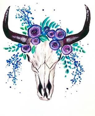 Bull Skull Blossoms - Paint Nite event in Boston, MA